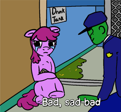 Size: 823x757 | Tagged: safe, artist:zan logemlor, imported from derpibooru, berry punch, berryshine, oc, oc:anon, earth pony, human, pony, crying, drunk, female, floppy ears, human male, male, mare, police, police officer, vomit