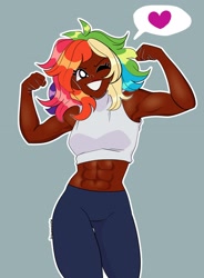 Size: 1506x2048 | Tagged: safe, artist:itssummerok, imported from derpibooru, rainbow dash, human, abs, alternate hairstyle, blue background, clothes, dark skin, female, grin, humanized, muscles, one eye closed, pants, simple background, smiling, solo, sweatpants, tanktop, wink