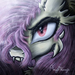 Size: 894x894 | Tagged: safe, artist:angelwingsmlpfim, imported from derpibooru, fluttershy, bat pony, pony, bat ponified, close-up, fangs, flutterbat, hair over one eye, looking at you, race swap, signature, solo