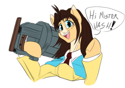 Size: 4961x3508 | Tagged: safe, artist:mekblue, imported from derpibooru, pony, anime, big gun, female, looking at you, mare, millie thompson, ponified, simple background, sketch, smiling, smiling at you, solo, speech bubble, trigun, white background