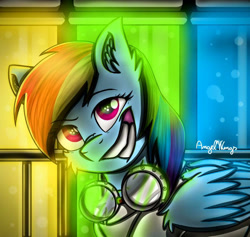 Size: 885x839 | Tagged: safe, artist:angelwingsmlpfim, imported from derpibooru, rainbow dash, pegasus, pony, fanfic:rainbow factory, fanfic art, goggles, grin, looking at you, signature, smiling, solo