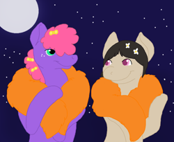 Size: 624x511 | Tagged: safe, artist:rascalraccoon, imported from derpibooru, oc, oc only, oc:daydream, oc:fuzz, earth pony, pony, art trade, duo, duo male and female, feather boa, female, full moon, halloween, holiday, male, mare, moon, outdoors, stallion, starry night