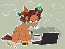 Size: 2048x1536 | Tagged: safe, artist:itssummerok, imported from derpibooru, oc, oc only, pony, unicorn, computer, female, glowing, glowing horn, horn, laptop computer, unicorn oc