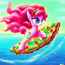Size: 1024x1024 | Tagged: safe, imported from derpibooru, pinkie pie, pony, ai content, ai generated, faic, female, food, mare, ocean, pizza, water