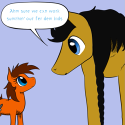 Size: 659x659 | Tagged: safe, artist:darkhestur, imported from derpibooru, oc, oc only, oc:dark, oc:sugar, earth pony, pony, braid, duo, duo male and female, female, male, mare, simple background, size difference, speech bubble, stallion