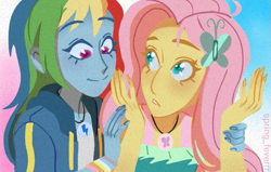 Size: 655x416 | Tagged: safe, artist:spring_feverrr, imported from derpibooru, fluttershy, rainbow dash, human, equestria girls, equestria girls series, rollercoaster of friendship, bracelet, clothes, comforting, duo, female, ferris wheel, flutterdash, holding hands, hug, hug from behind, jacket, jewelry, lesbian, looking at each other, looking at someone, necklace, scene interpretation, screenshot redraw, shipping