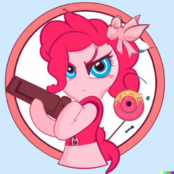 Size: 1024x1024 | Tagged: safe, imported from derpibooru, pinkie pie, pony, ai content, ai generated, female, gun, mare, standing, standing on one leg, weapon