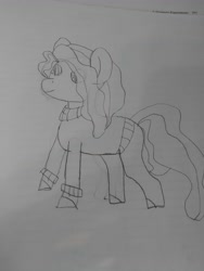 Size: 4608x3456 | Tagged: safe, artist:acid flask, imported from derpibooru, oc, oc only, earth pony, pony, 2d, art dump, clothes, drawing, earth pony oc, female, happy, long tail, looking forward, mare, paper, sketch, sketch dump, sketchbook, smiling, sweater, tail, traditional art