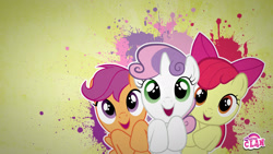 Size: 1920x1080 | Tagged: safe, artist:edwinprgtr, edit, imported from derpibooru, apple bloom, scootaloo, sweetie belle, earth pony, pegasus, pony, unicorn, cutie mark crusaders, female, filly, foal, looking at you, open mouth, open smile, smiling, smiling at you, sunburst background, trio, wallpaper, wallpaper edit, watermark