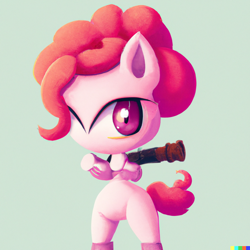 Size: 1024x1024 | Tagged: safe, imported from derpibooru, pinkie pie, pony, ai content, ai generated, female, gun, mare, standing, standing on one leg, weapon