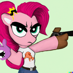 Size: 1024x1024 | Tagged: safe, imported from derpibooru, pinkie pie, pony, ai content, ai generated, female, gun, mare, standing, standing on one leg, weapon