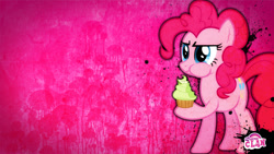 Size: 1920x1080 | Tagged: artist needed, safe, artist:edwinprgtr, edit, imported from derpibooru, pinkie pie, earth pony, pony, abstract background, cupcake, eating, female, food, mare, solo, wallpaper, wallpaper edit, watermark