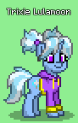 Size: 552x864 | Tagged: safe, imported from derpibooru, trixie, pony, unicorn, pony town, alternate hairstyle, babysitter trixie, clothes, green background, hoodie, pigtails, simple background, solo