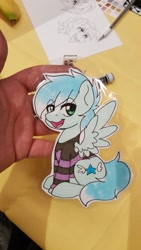 Size: 1152x2048 | Tagged: safe, artist:inkkeystudios, imported from derpibooru, oc, oc only, pegasus, pony, badge, clothes, lidded eyes, looking at you, open mouth, open smile, photo, shirt, sitting, smiling, solo, spread wings, traditional art, wings