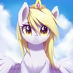 Size: 2048x2048 | Tagged: safe, editor:felisamafeles, imported from derpibooru, derpy hooves, pegasus, pony, ai content, ai generated, bust, cloud, crown, cute, female, generator:stable diffusion, jewelry, portrait, regalia, sky, solo, wings