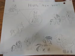 Size: 4608x3456 | Tagged: safe, artist:acid flask, imported from derpibooru, oc, oc only, oc:acid flask, oc:blood moon, oc:film wheel, alicorn, bat pony, pony, 2d, alicorn oc, art dump, bat pony oc, drawing, happy, horn, looking at each other, looking at someone, paper, sketch, sketch dump, smiling, spotlight, talking, traditional art, wings