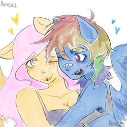 Size: 834x834 | Tagged: safe, artist:angelsduster, imported from derpibooru, fluttershy, rainbow dash, anthro, equestria girls, bra, clothes, female, flutterdash, folded wings, heart, hug, lesbian, shipping, smiling, underwear, wings