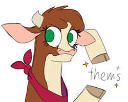Size: 723x580 | Tagged: safe, artist:nonameorous, imported from derpibooru, cow, them's fightin' herds, arizona (tfh), bandana, cloven hooves, community related, looking away, simple background, smiling, solo, sparkles, text, white background