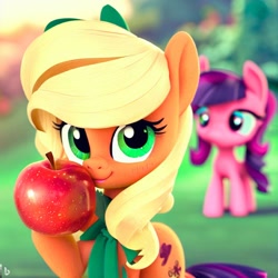 Size: 1024x1024 | Tagged: safe, imported from derpibooru, applejack, sugar belle, pony, ai content, ai generated, apple, female, food, mare, ocean, water