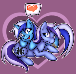 Size: 960x941 | Tagged: safe, artist:bumblebun, imported from derpibooru, minuette, oc, pony, unicorn, blushing, heart, lying down, not minuette, open mouth, open smile, prone, sad, smiling