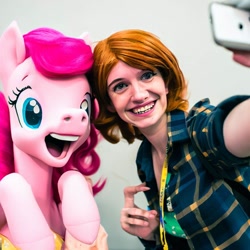 Size: 1024x1024 | Tagged: safe, imported from derpibooru, pinkie pie, human, pony, ai content, ai generated, female, irl, lauren faust, mare, photo, uncanny valley