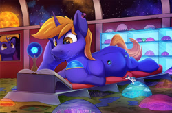 Size: 2000x1320 | Tagged: safe, artist:tsitra360, imported from derpibooru, oc, oc:aether lux, oc:snap fable, pony, book, changeling kingdom, container, cosmic wizard, giant pony, giga giant, macro, male, micro, petri dish, planet, pony bigger than a galaxy, pony bigger than a planet, pony bigger than a solar system, pony bigger than a star, pony bigger than a universe, pony heavier than a black hole, ponyville, size difference, space, stallion, sun, wizard