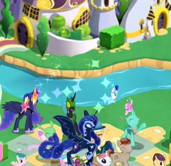Size: 690x670 | Tagged: safe, imported from derpibooru, screencap, nightmare moon, princess luna, queen chrysalis, element of generosity, element of honesty, element of kindness, element of laughter, element of loyalty, element of magic, elements of harmony, gameloft, my little pony: magic princess
