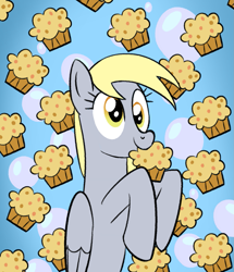Size: 1345x1566 | Tagged: safe, artist:nonameorous, imported from derpibooru, derpy hooves, pegasus, pony, blue background, bubble, cross-eyed, female, food, hoof hold, muffin, simple background, solo, wings