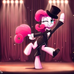 Size: 1024x1024 | Tagged: safe, imported from derpibooru, pinkie pie, pony, ai content, ai generated, clothes, dancing, extra legs, female, machine learning abomination, mare, tuxedo