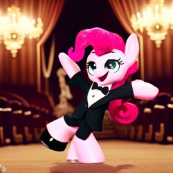 Size: 1024x1024 | Tagged: safe, imported from derpibooru, pinkie pie, pony, ai content, ai generated, clothes, dancing, female, machine learning abomination, mare, tuxedo