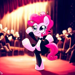 Size: 1024x1024 | Tagged: safe, imported from derpibooru, pinkie pie, pony, ai content, ai generated, clothes, dancing, female, mare, tuxedo