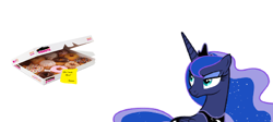 Size: 2800x1252 | Tagged: safe, imported from derpibooru, princess celestia, princess luna, alicorn, pony, box of donuts, cake, donut, female, food, implied princess celestia, mare, simple background, smiling, smug, solo, sticky note