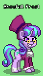 Size: 528x936 | Tagged: safe, imported from derpibooru, snowfall frost, starlight glimmer, pony, pony town, a hearth's warming tail, clothes, coat, glasses, green background, hat, simple background, socks, solo