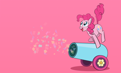 Size: 6000x3650 | Tagged: safe, artist:nonameorous, imported from derpibooru, pinkie pie, earth pony, pony, confetti, high res, looking up, open mouth, party cannon, pink background, simple background, solo