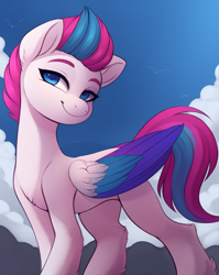 Size: 1024x1288 | Tagged: safe, editor:craft, imported from derpibooru, zipp storm, pegasus, pony, ai content, ai generated, chest fluff, colored wings, concave belly, ear fluff, eyebrows, female, folded wings, g5, generator:purplesmart.ai, generator:stable diffusion, leg fluff, looking at you, mare, multicolored wings, slim, smiling, smiling at you, solo, standing, tail, thin, turned head, two toned mane, two toned tail, wings