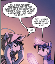 Size: 399x465 | Tagged: safe, artist:tonyfleecs, idw, imported from derpibooru, shadow lock, twilight sparkle, alicorn, pony, unicorn, from the shadows, spoiler:comic53, cloak, clothes, dialogue, duo, female, glowing, glowing horn, horn, levitation, magic, male, mare, scroll, speech bubble, stallion, telekinesis, twilight sparkle (alicorn)