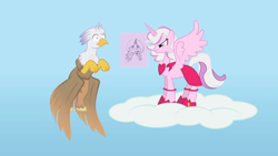 Size: 1280x721 | Tagged: safe, artist:mlp-silver-quill, imported from derpibooru, oc, oc:doodle dabble, oc:mary sue, oc:silver quill, pony, after the fact, after the fact:slice of life, clothes, cloud, dress, mary sue is not amused, unamused