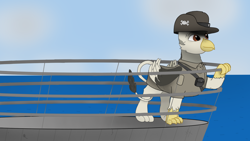 Size: 1920x1080 | Tagged: safe, artist:puginpocket, imported from derpibooru, oc, oc only, griffon, clothes, cloud, cloudy, griffon oc, hat, male, military uniform, ocean, ship, sky, solo, standing, uniform, water