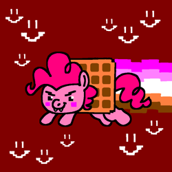 Size: 863x863 | Tagged: safe, artist:msponies, imported from derpibooru, pinkie pie, earth pony, food pony, pony, contrail, dot eyes, fangs, flying, food, g4, ms paint, nyan cat, ponified, smiley face, smiling, solo, tail, waffle