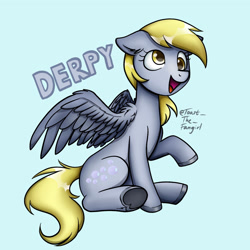 Size: 1902x1902 | Tagged: safe, artist:toastpone, artist:toastslayermlp, imported from derpibooru, derpy hooves, pegasus, pony, blue background, female, simple background, sitting, solo, wings