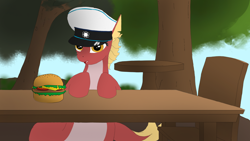 Size: 1920x1080 | Tagged: safe, artist:puginpocket, imported from derpibooru, oc, oc only, oc:posada, pony, seapony (g4), equestria at war mod, burger, chair, clothes, female, food, hat, military uniform, sitting, sky, solo, table, tree, uniform