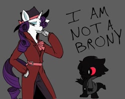 Size: 649x516 | Tagged: safe, artist:xportbob, imported from derpibooru, rarity, oc, anthro, unicorn, clothes, coat, cravat, detective rarity, eyeshadow, hat, looking at you, makeup, pants