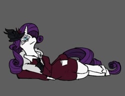 Size: 450x345 | Tagged: safe, artist:xportbob, imported from derpibooru, rarity, anthro, unguligrade anthro, unicorn, clothes, detective rarity, eyeshadow, flower, flower in hair, looking at you, lying down, makeup, necktie, on side, shirt, skirt, solo, suit, unshorn fetlocks, veil