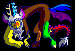 Size: 1316x900 | Tagged: safe, artist:msponies, imported from derpibooru, discord, draconequus, art parody, black background, discord (eurobeat brony), fangs, g4, horns, male, ms paint, pun, simple background, solo, spread wings, swirly eyes, tail, visual pun, wings