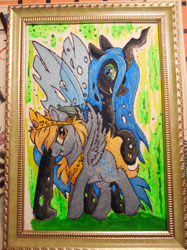 Size: 1280x1707 | Tagged: safe, artist:lightdragon1988, imported from derpibooru, derpy hooves, queen chrysalis, changeling, changeling queen, pegasus, pony, cross stitch, duo, female, irl, photo, traditional art