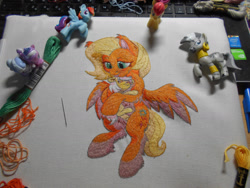 Size: 1280x960 | Tagged: safe, artist:lightdragon1988, imported from derpibooru, apple bloom, rainbow dash, zecora, oc, pegasus, pony, cross stitch, female, foal, irl, photo, toy, traditional art