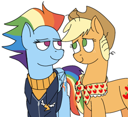 Size: 540x495 | Tagged: safe, artist:nonameorous, imported from derpibooru, applejack, rainbow dash, pony, the last problem, appledash, clothes, duo, duo female, female, lesbian, looking at each other, looking at someone, older, older applejack, older rainbow dash, shipping, simple background, smiling, white background