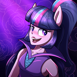 Size: 2000x2000 | Tagged: safe, artist:littletigressda, imported from derpibooru, twilight sparkle, alicorn, equestria girls, alternate design, blushing, clothes, dress, eyeshadow, lipstick, makeup, sleeveless, solo, twilight sparkle (alicorn)