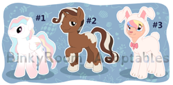 Size: 1386x682 | Tagged: safe, artist:binkyroom, imported from derpibooru, oc, pegasus, pony, unicorn, adoptable, ambiguous gender, chocolate, clothes, costume, cute, easter, food, group, holiday, pastel, ribbon, trio