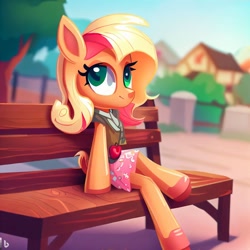 Size: 1024x1024 | Tagged: safe, imported from derpibooru, applejack, anthro, ai content, ai generated, bench, female, mare, sitting, solo